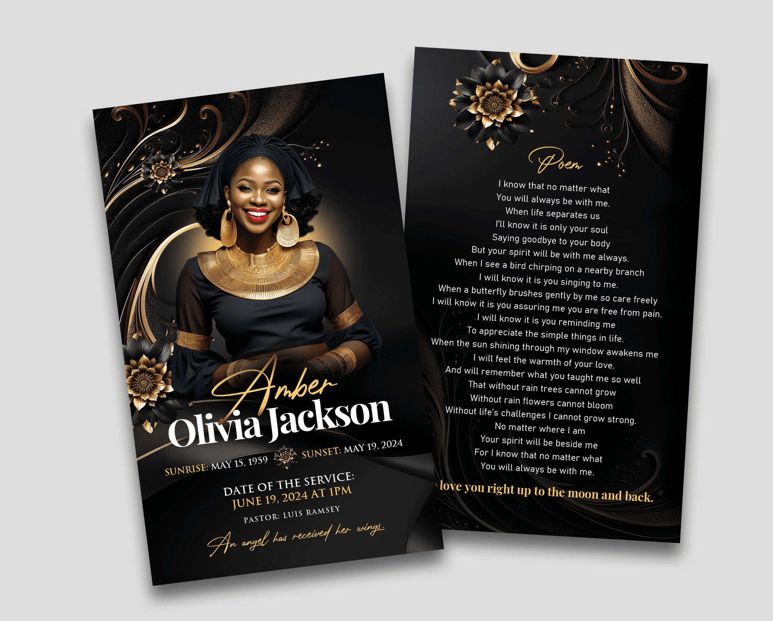 Golden Serenity Funeral Prayer Cards Design