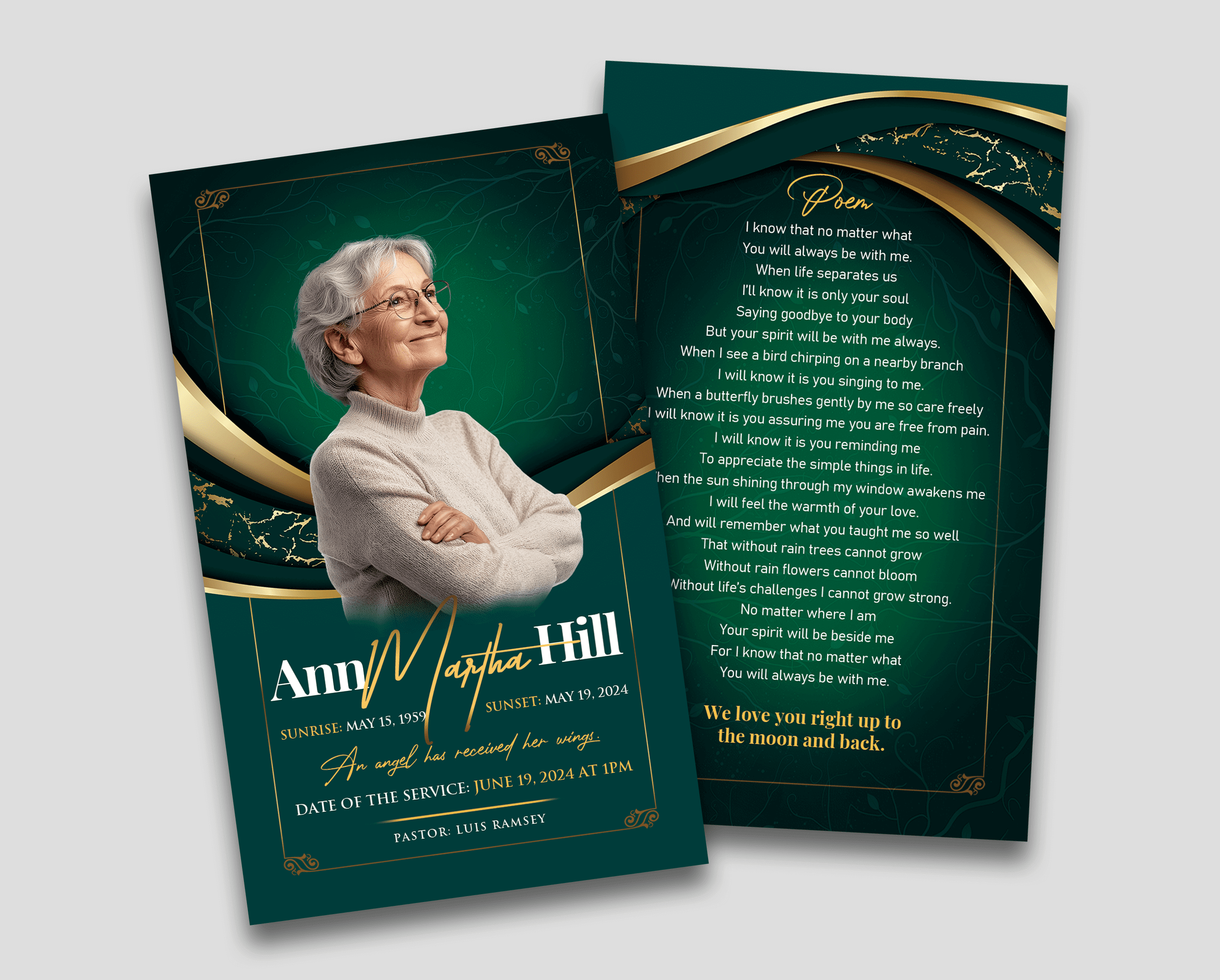 Emerald Grace Funeral Prayer Card Design