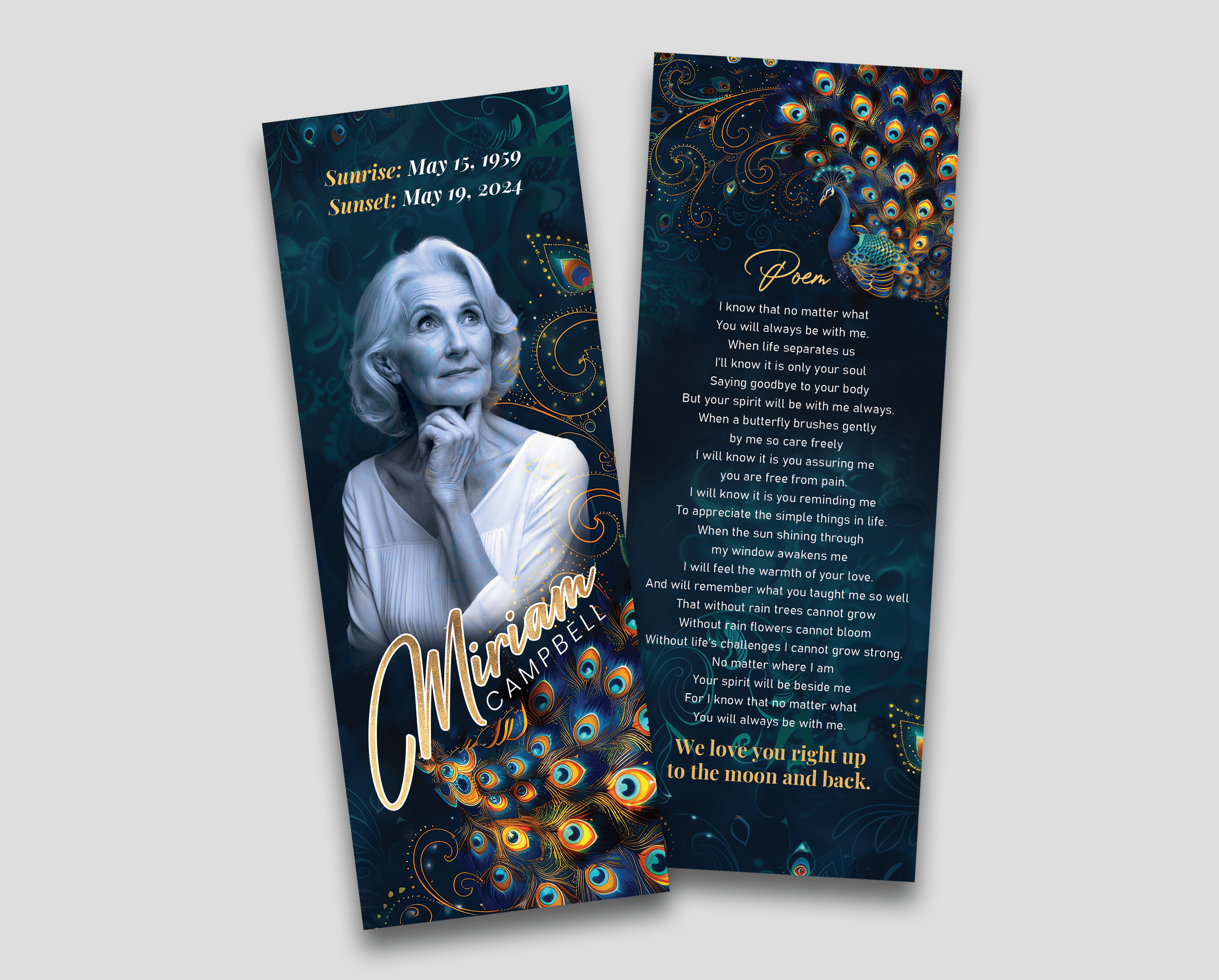 Celestial Peacock Memorial Bookmark Design