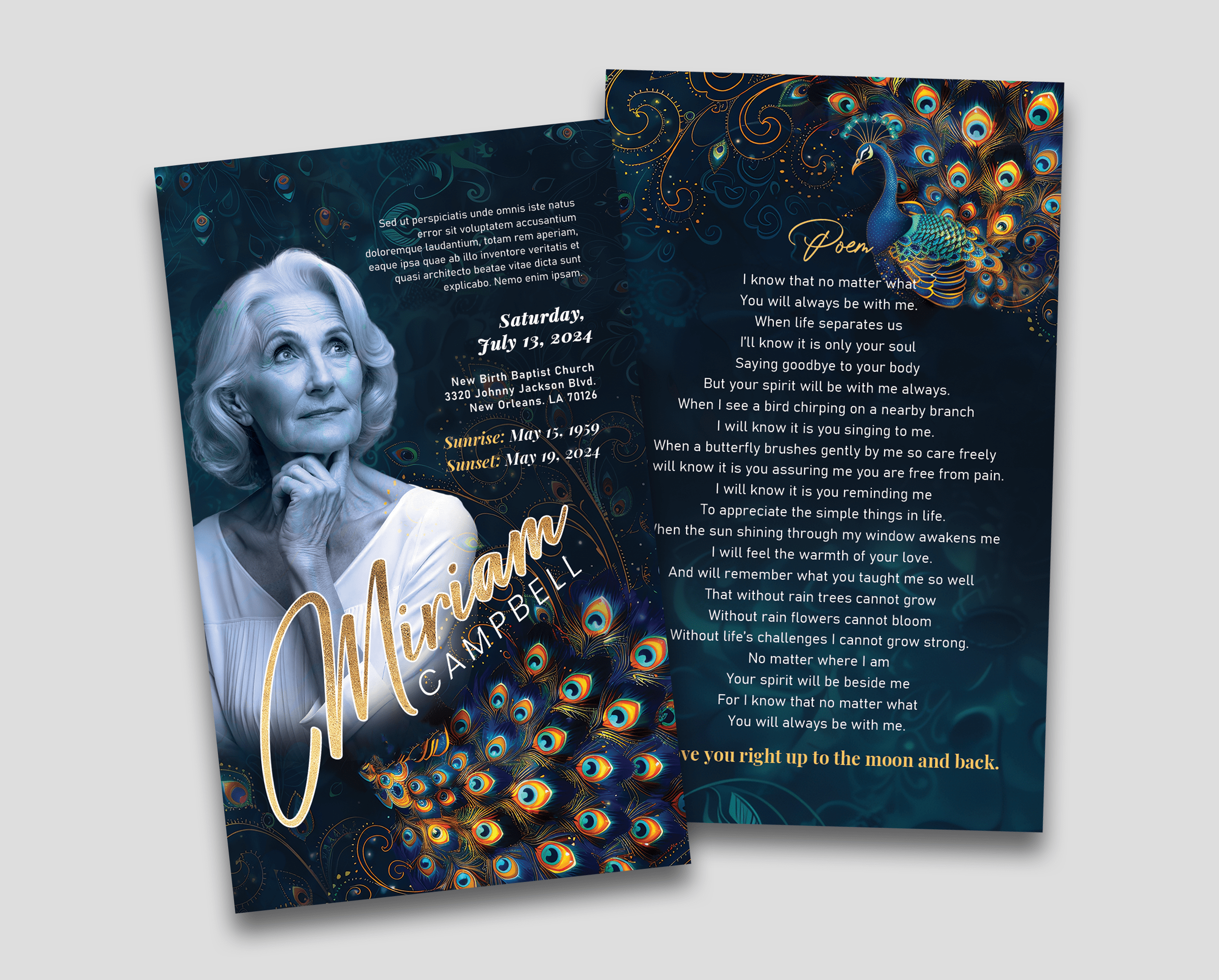 Celestial Peacock Funeral Prayer Cards Design