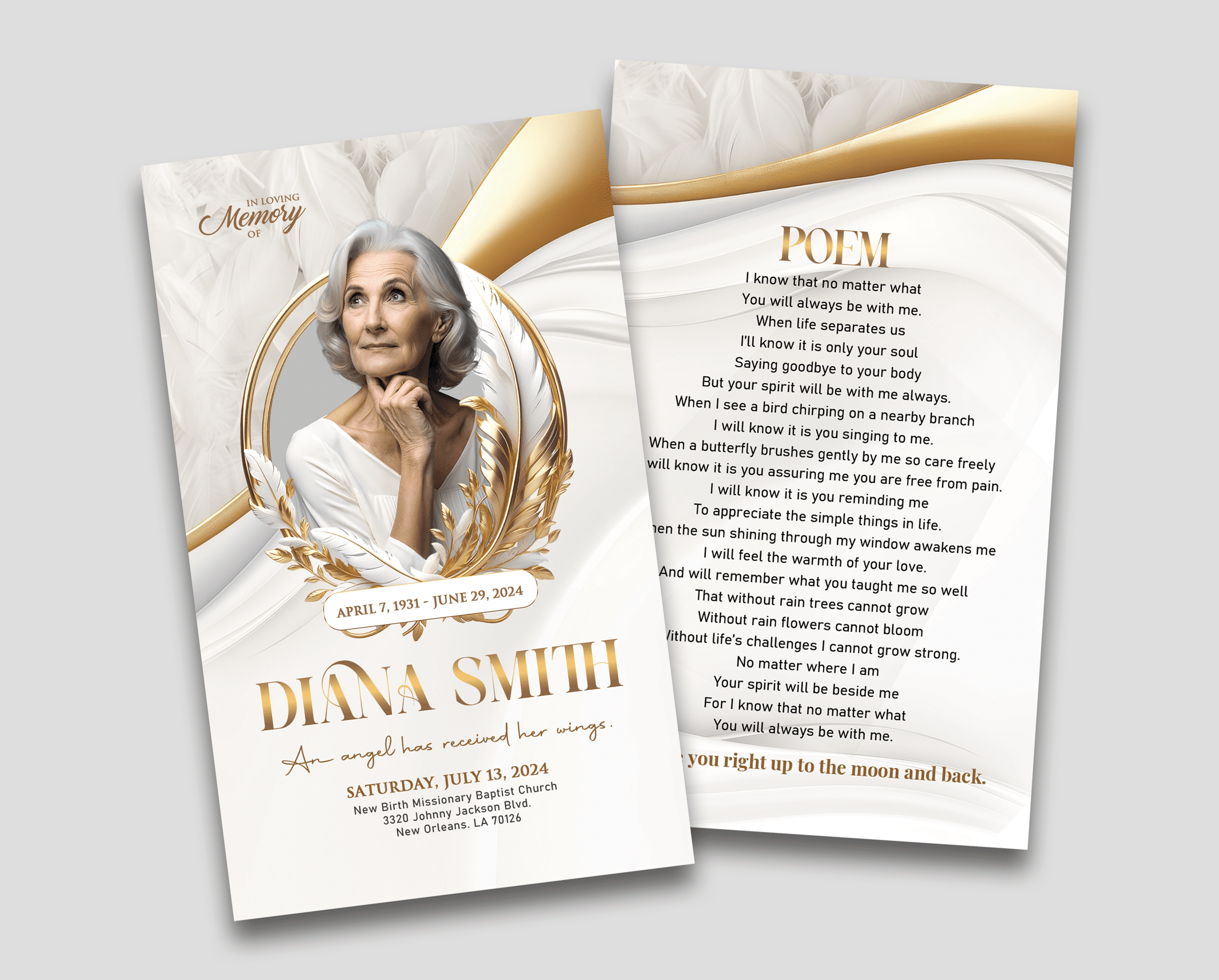 Celestial Feathers Funeral Prayer Card Design