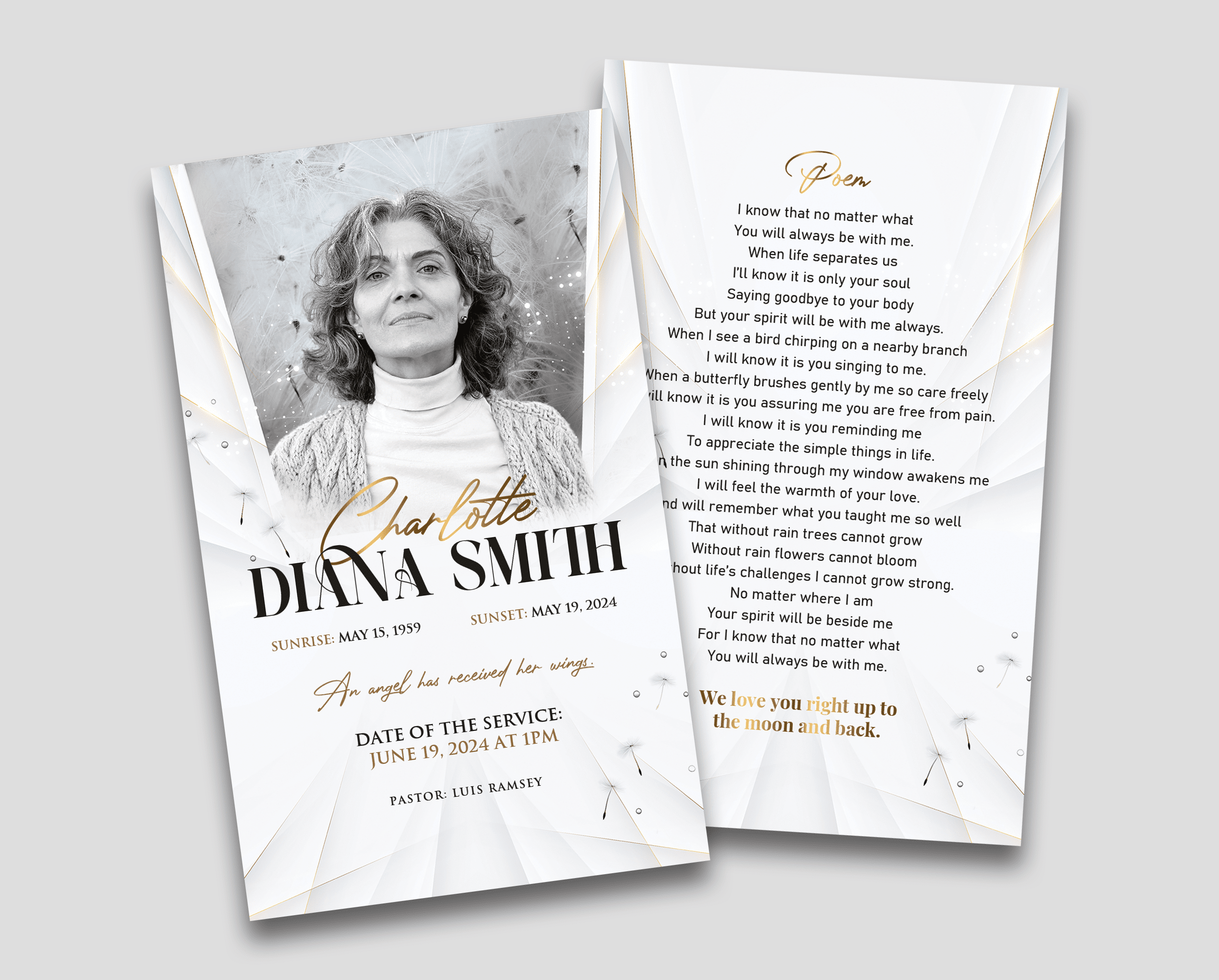 Dandelion Whispers Funeral Prayer Card Design