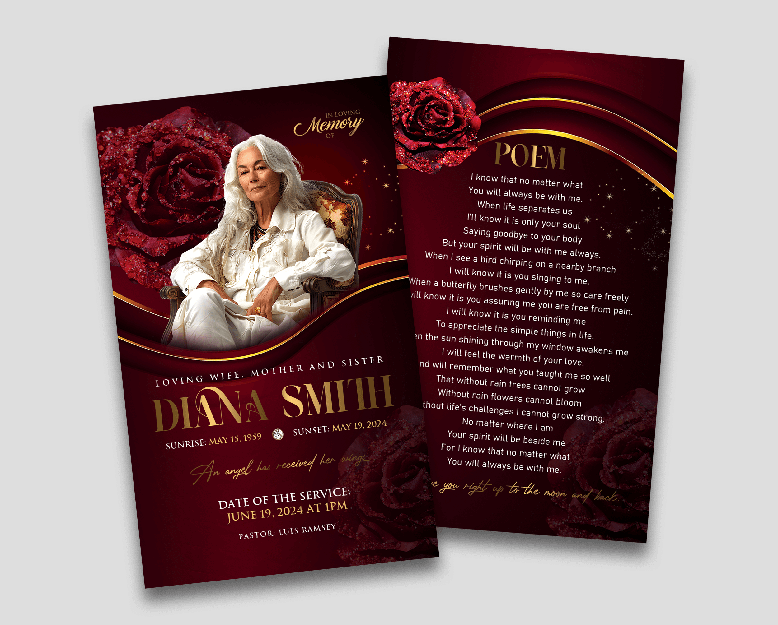 Elegant Red Roses Funeral Prayer Card Design